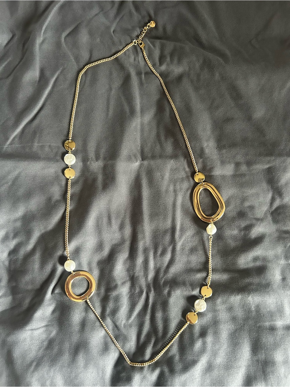 Gold Long Pendant Necklace with Pearl Accents